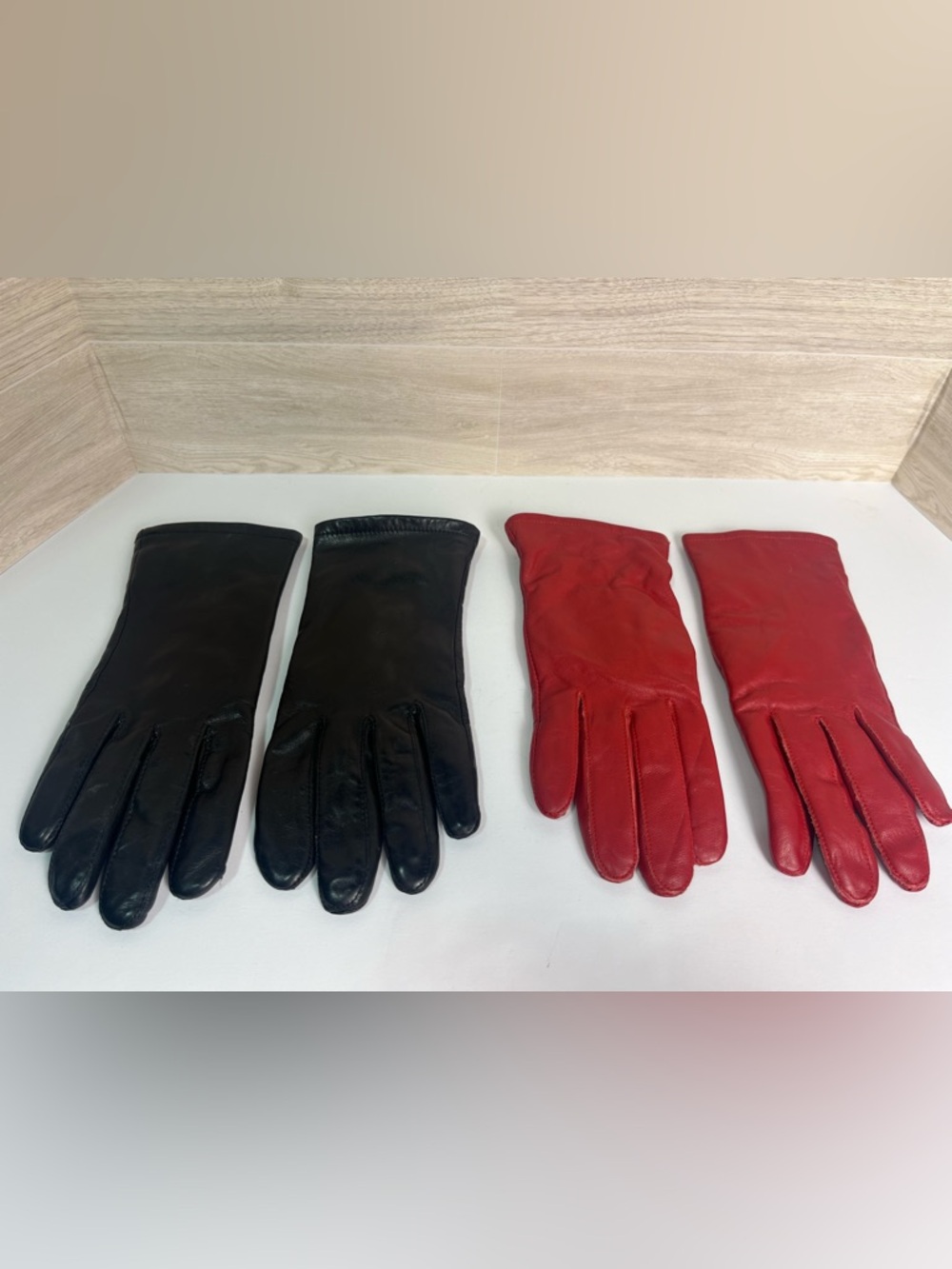 Womans 100% Leather Fashion Winter Black And Red Gloves Pair Of Two